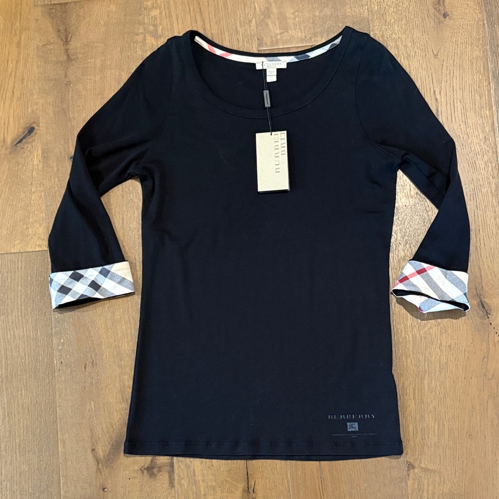 Burberry Black Scoop Neck Top with Signature Check Cuffs